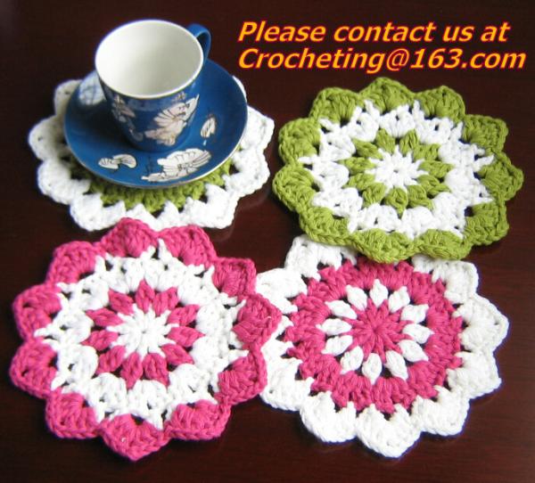Hand made 6.3 inch crochet sunflower doily - coaster set of 4 - diameter : 16 cm