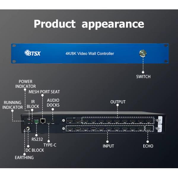 8-in 9-out 4K60 Video Wall Controller with DP 1.2 and 3.5mm Audio Separation Multi-screen Processor