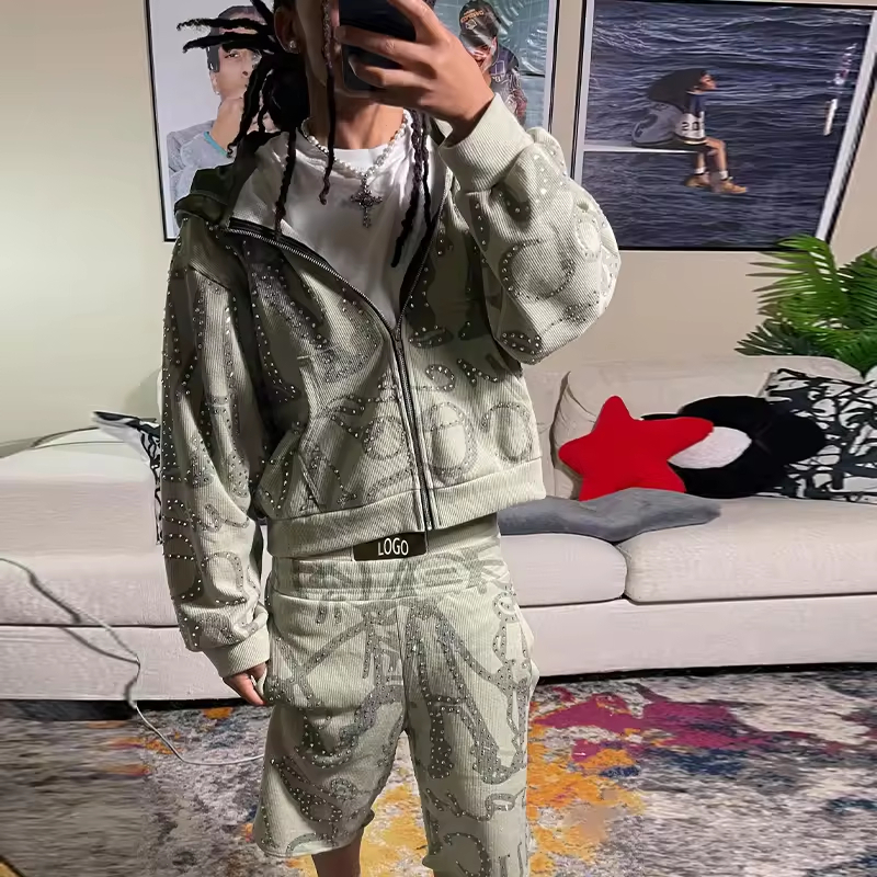 Custom Rhinestone Tracksuits Zip up 500 GSM Two Piece Boxy Cropped Hoodie Suit Sweatsuit Hoodies and Sweat Shorts Set for Men