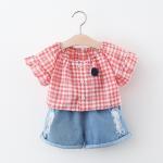 39in Plaid Suit Cute Children'S Outfit Sets Clothes Denim Shorts Oem Short