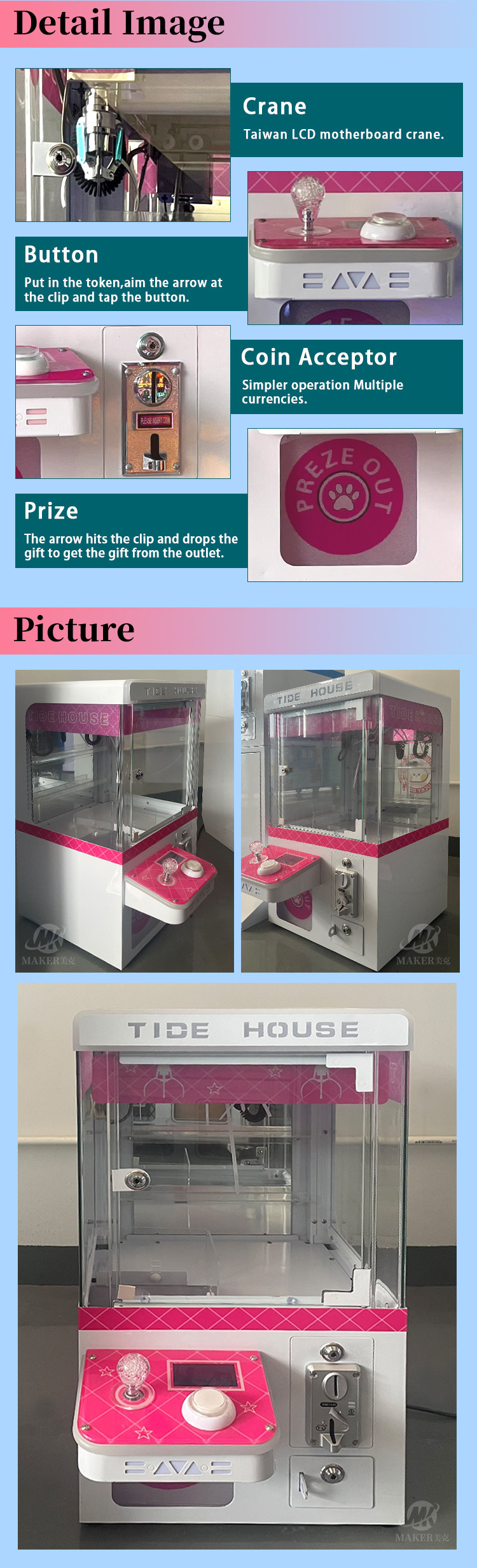 Tide House Custom Arcade Claw Machine Coin Operated Prize Doll Catching Machine