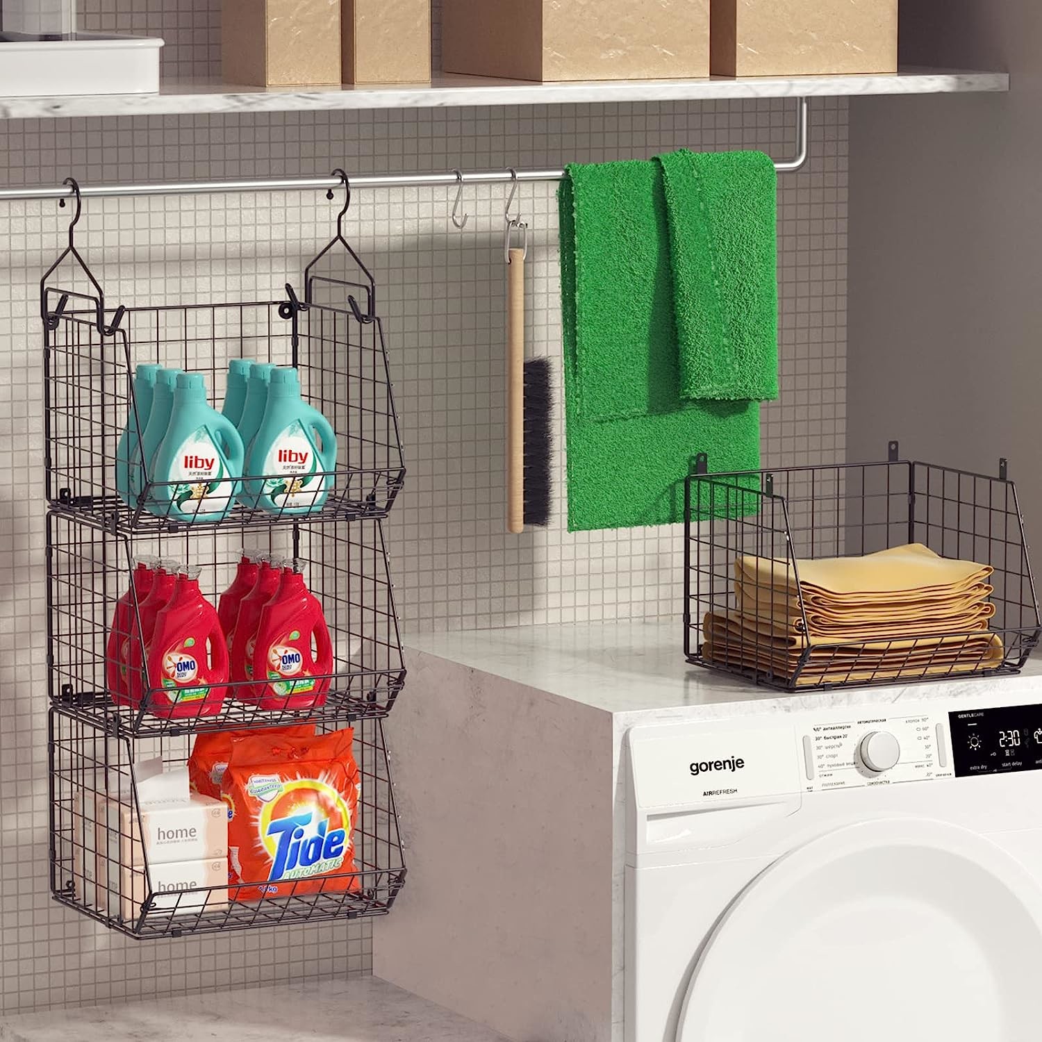 X-COSRACK 4 TIER FOLDABLE CLOSET ORGANIZER, CLOTHES SHELVES WITH 5 S HOOKS, WALL MOUNT&CABINET WIRE STORAGE BASKET BINS,