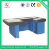Blue Supermarket Checkout Counter With Conveyor Belt ISO9001 Stainless Steel Cash Counter