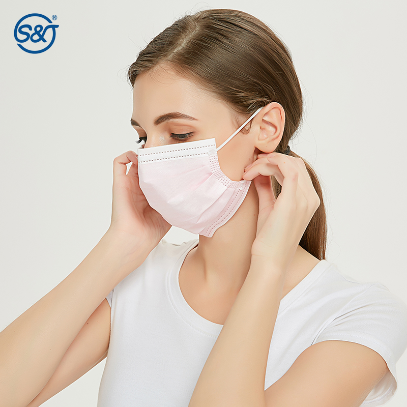 S&J Disposable Protective "Secure+" Surgical Face Mask Light Pink ASTM LEVEL3 Adjustable Strips Sitting on Both Chin and Nose