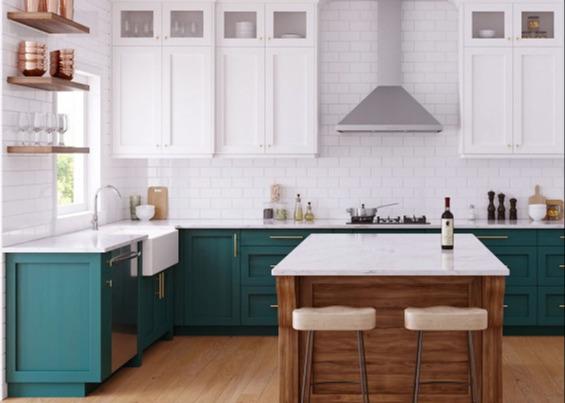 White kitchen green cabinets furniture from Foshan supplier white quartz stone