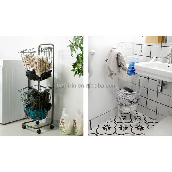 Bathroom 3 Tier Iron Wire Mesh Dirty Clothes Basket Removable Push Pull Laundry Holder with Wheels Toilet Trolley Storage Rack