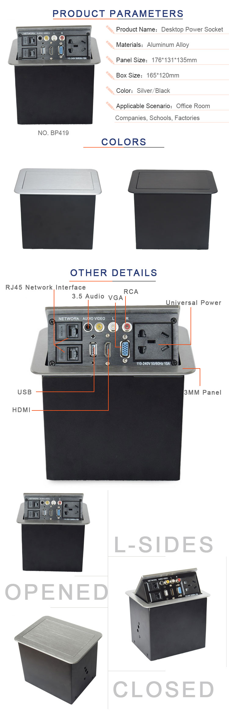 Conference Table Pop-up Desktop Power Socket Box with Bottom Connection Panel