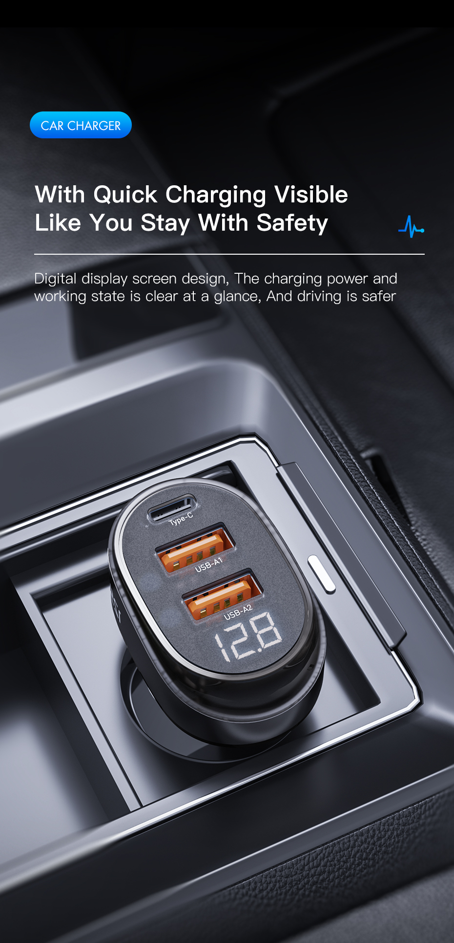 Official Store Digital Display Car Chargers 125W Transparent with 1 Type-C 2 USB-A