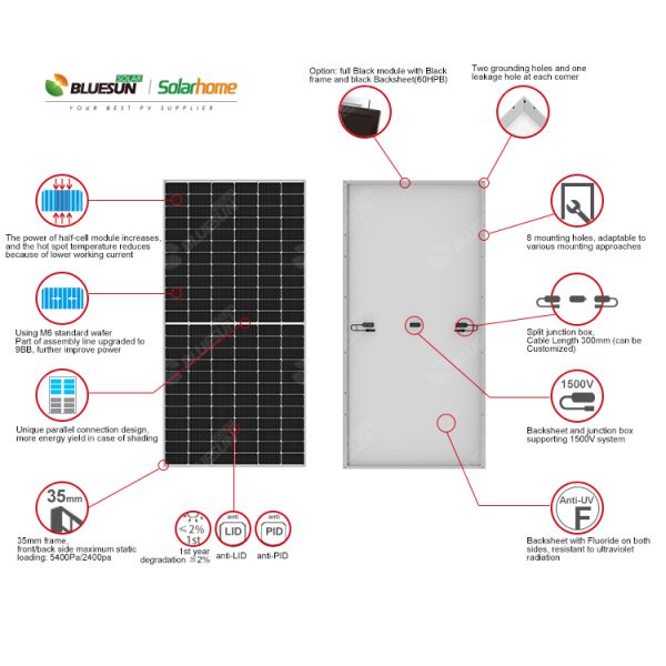 Bluesun JA Solar Panels Home Use Perc Mono Solar Panel 425w 430w 440W 450W 455W 500WSolar Panel for House