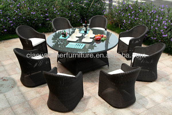 Rattan Round Shaped Garden Dining Table Chairs Set with Waterproof Fabric Cushions and Aluminum Frame