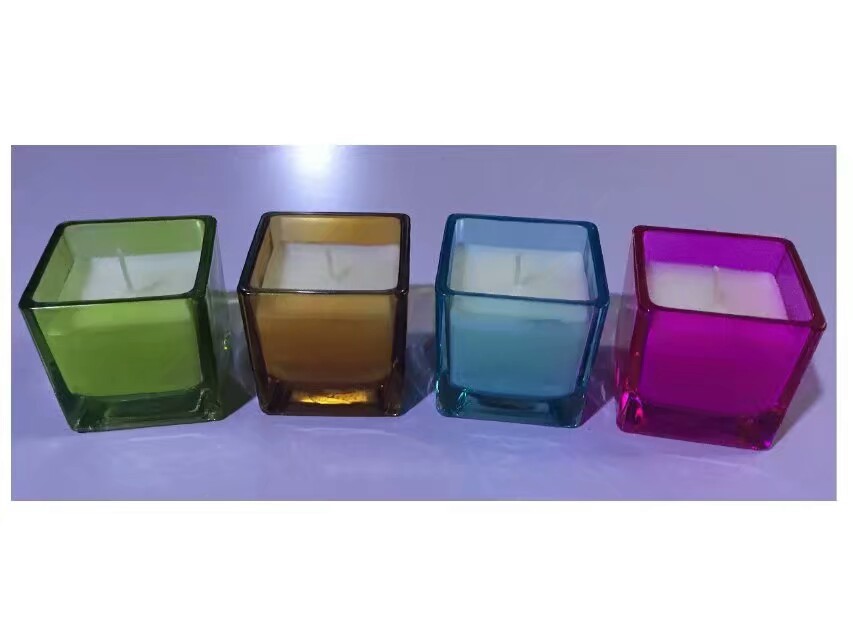 6x6x6cm home decor colored glass unscented candle and packed into color box