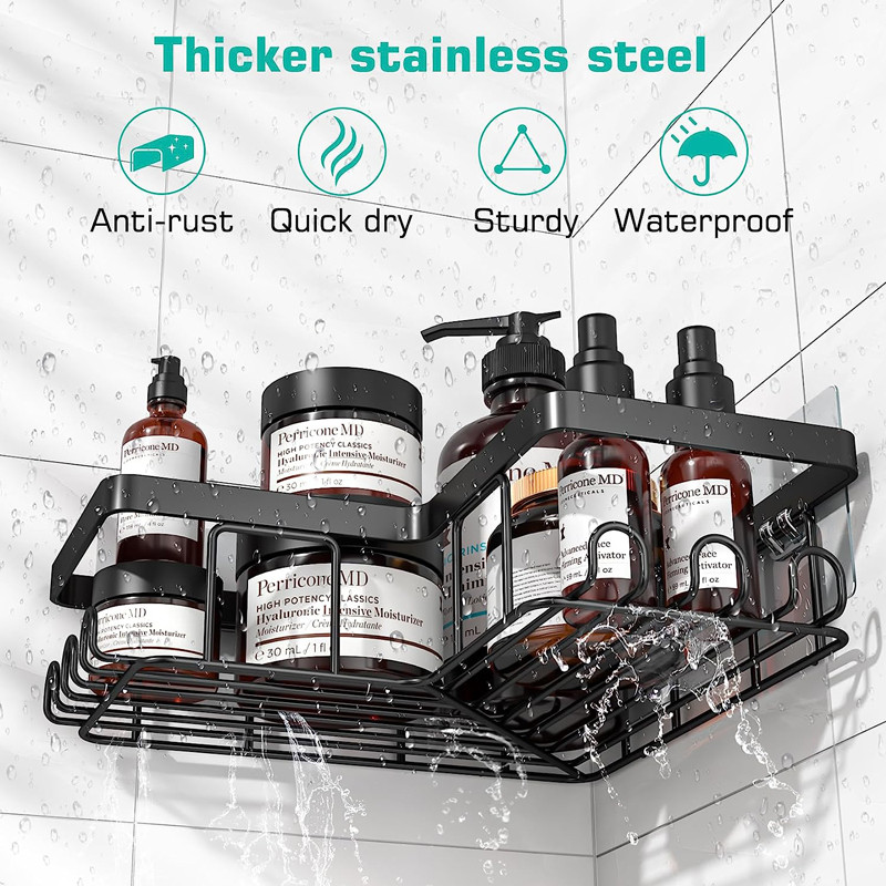 Rustproof Stainless Steel No Drilling Wall Mounted 3-Pack Adhesive Shower Organizer with Soap Holder and 12 Hooks