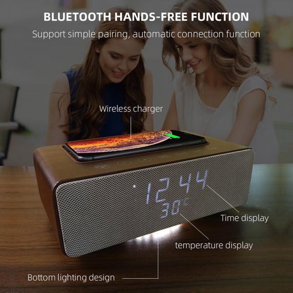Quality Wireless Charging Bluetooth Stereo Speakers Alarm Clock Room Temperature Display for sale