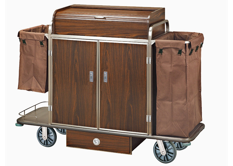 Brown Hotel Room Service Trolleys with 6 Inches PPR Casters Heavy Duty Linen Bags