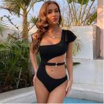 Black Ladies One-Piece Swimsuit Stitching Gauze High Waist Sexy Bikini Women'S