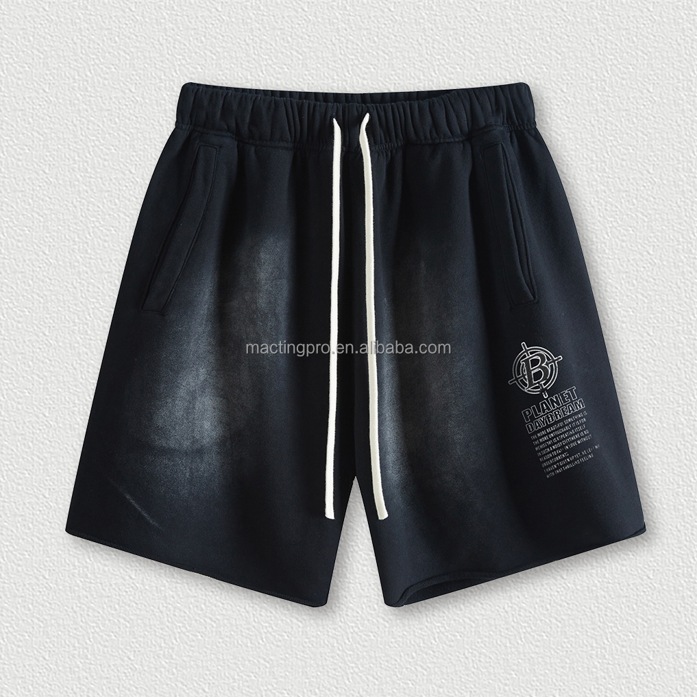 Distressed Embroidery Patch Acid Wash Vintage Cotton Jogger Sweat Shorts in Men's Size