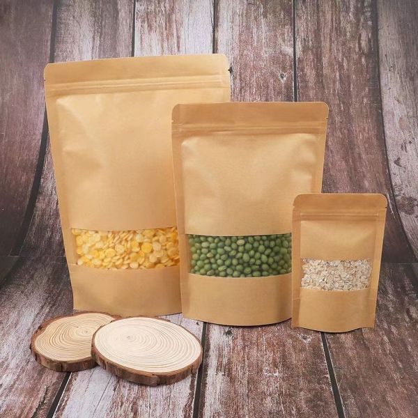 OEM ODM Foldable Biodegradable Window Moisture-proof Resealable Plastic Bags Kraft Paper Packaging Bags
