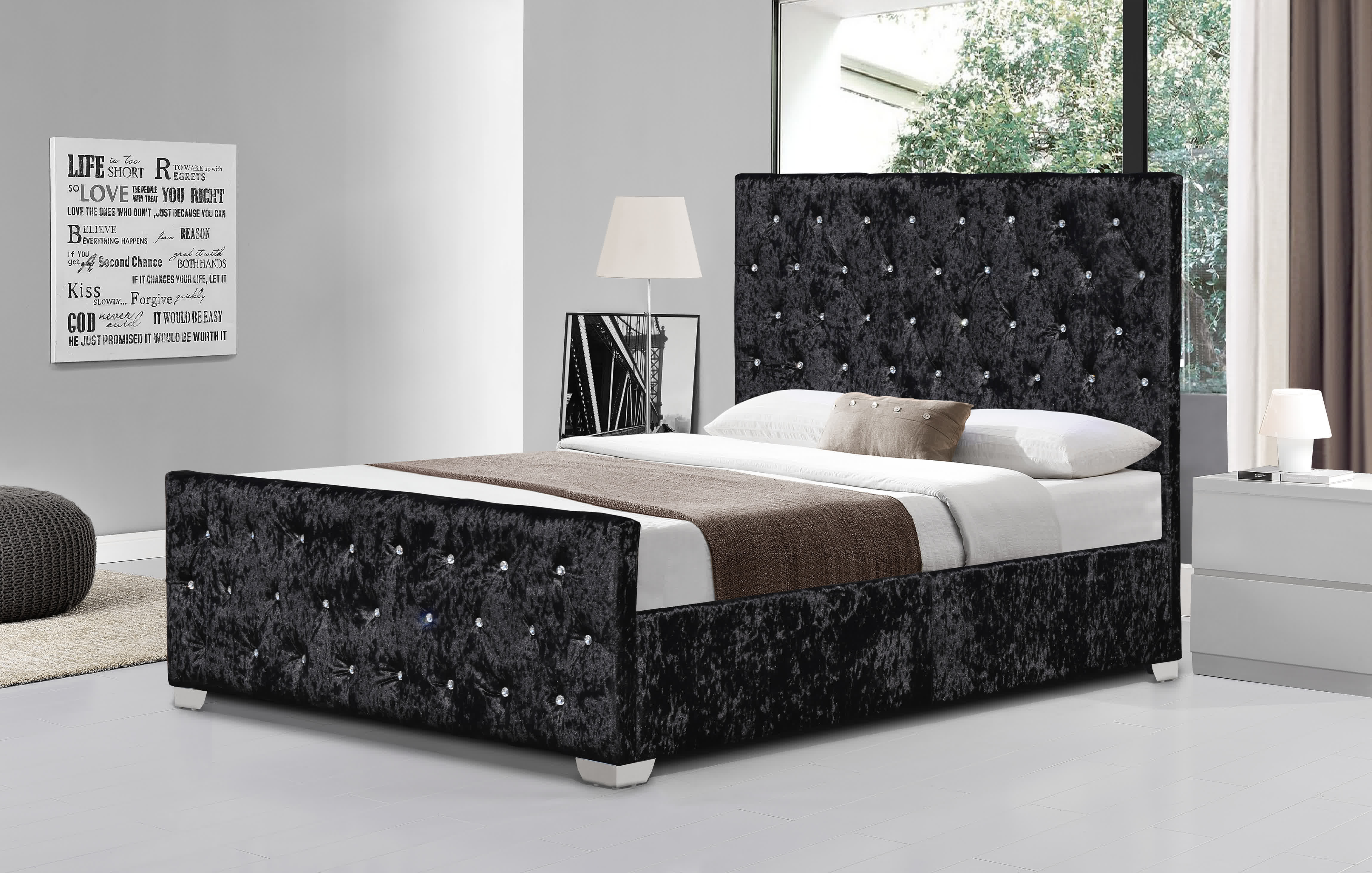 Red Wine Velvet Fabric Bed Frame Double Size Wood High Headboard Bed