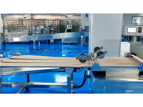 Stationary slitting knives precisely cutting the continuous dough band into parallel strips for rolling.