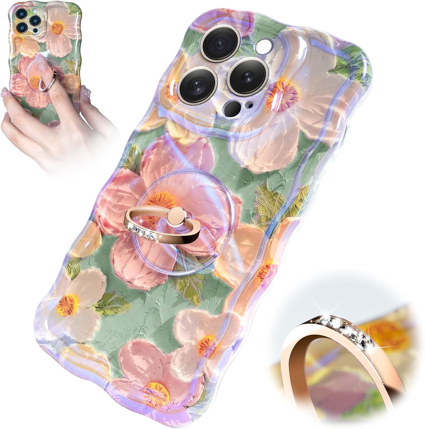 iPhone 12 Pro Max case Ring, Oil Painting flower Colorful retro flower cute curly wave frame Women's Girl phone case