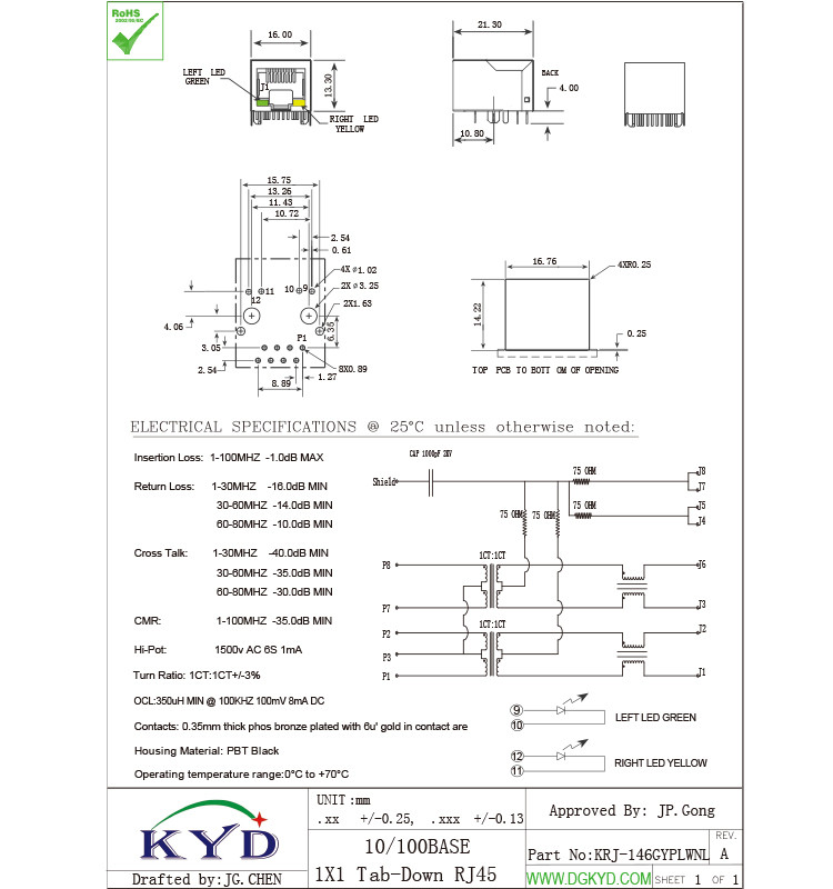 90 Degree Shielded 10/100 BASE-T RJ45 Ethernet Jack With Magnetic China Manufacturer