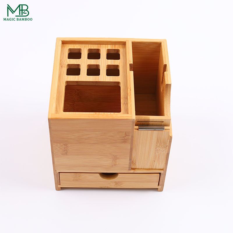Bamboo Multifunctional Pen Holder With Drawer And Tape Cutter