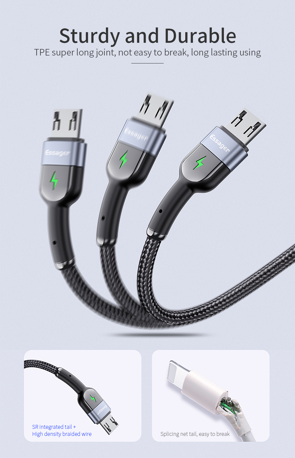 LED Mobile Charging Cable Nylon Fabric Braided Fast Charging Micro USB Data Cables 0.5M 1M 2M