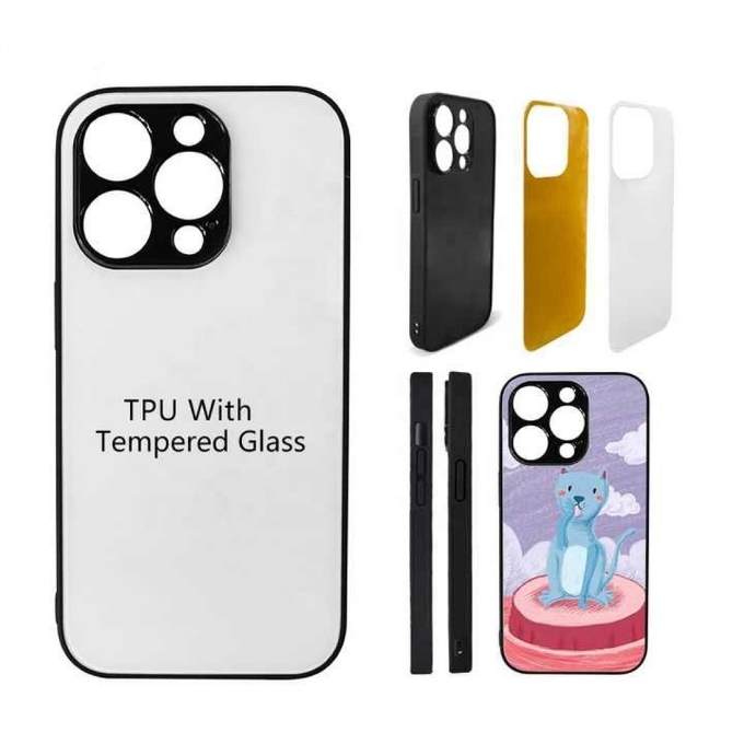 Blank 2D Sublimation Glass Mobile Phone Case TPU PC Tempered Glass Mobile Case For IPhone 14 15 16 Pro Max Plus