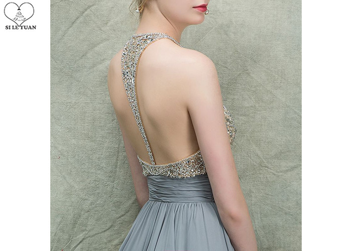 Hanging Neck Gold A Line Ball Gown Dress Beaded Deep V Neck Floor Length Chiffon