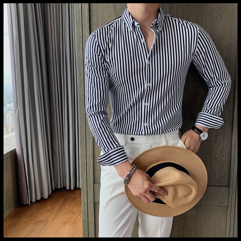 Stand Collar Polyester Cotton Slim Formal Long Sleeve Shirts With Stripes For Men