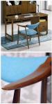 Fabric Solid Wood Blue Wooden Dining Chair With Armrest