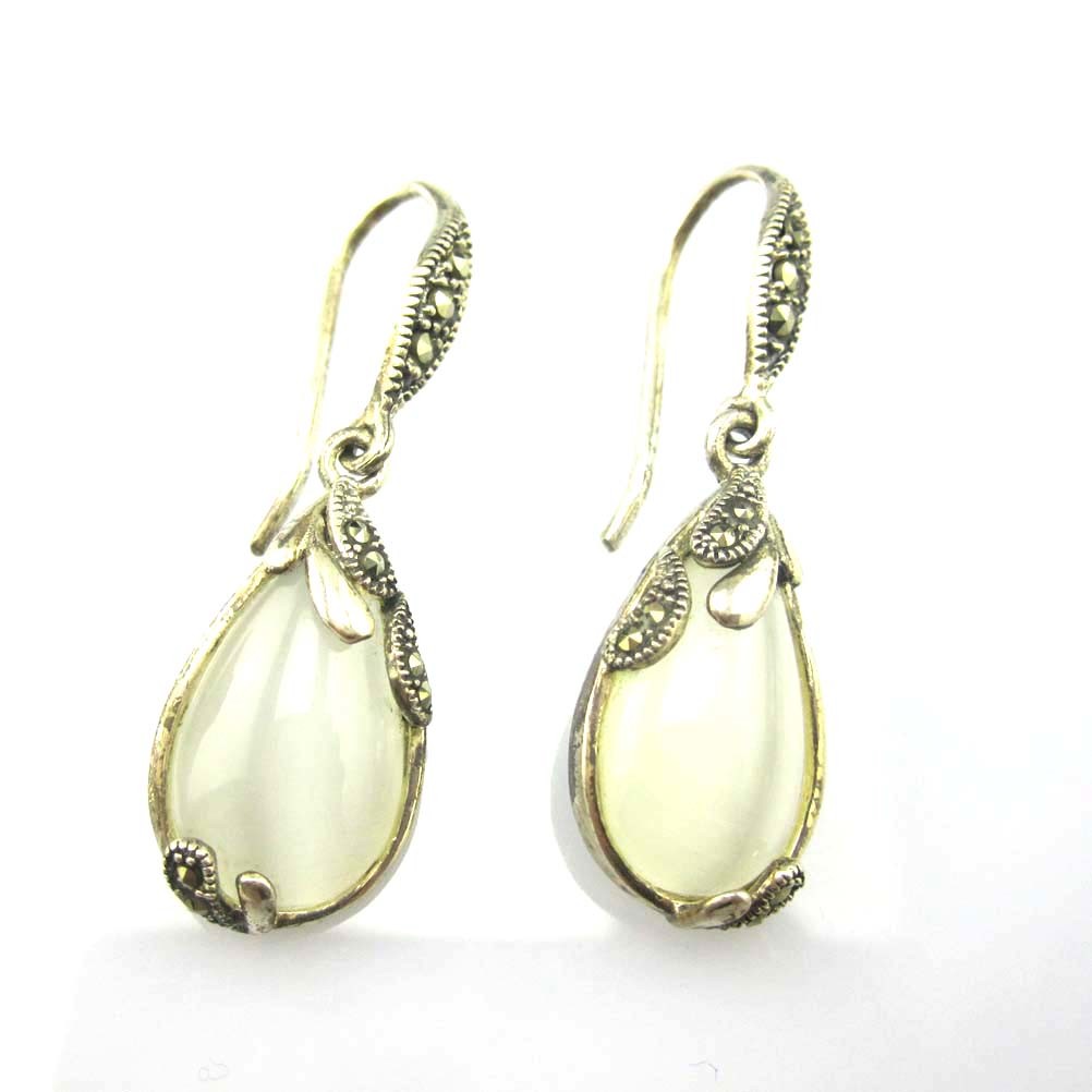 Retro Jewelry Thailand Silver with Marcasite and White Opal Earrings (JA1750WHITE)