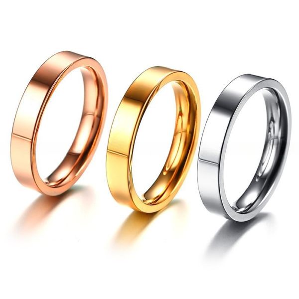 Women Stainless Steel Flat Rings Silver / Rose Gold / Gold Plated Polished Stackable 4mm
