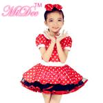 Short Bobble Sleeves Red Hem Polka Dots Tutu Dress Kids Dance Clothes