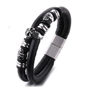 Wholesale High Quality Stainless Steel Skeleton Skull Bracelet Men Vintage Jewelry Wholesale Black Leather Bracelets from china suppliers