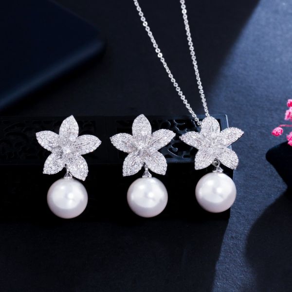 CZ Crystal Necklace and Earring Jewelry Sets Fashio Pearl Chokers Necklaces Earring jewelry
