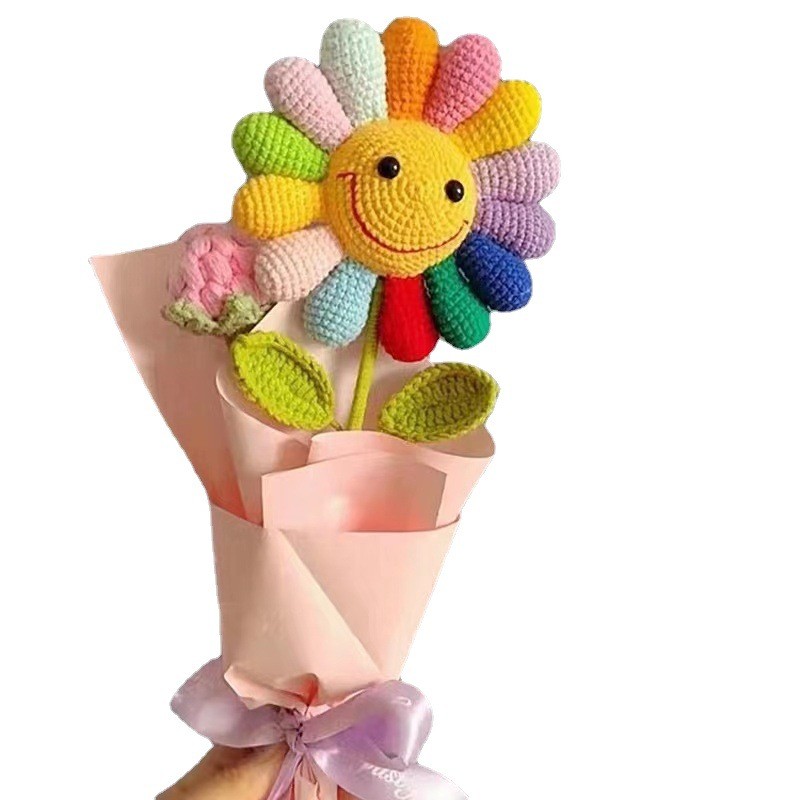 Colorful Knitted Pile Sunflower Bouquet Everlasting Flowers Rainbow Artificial Sunflowers DIY Yarn Floral Arrangement