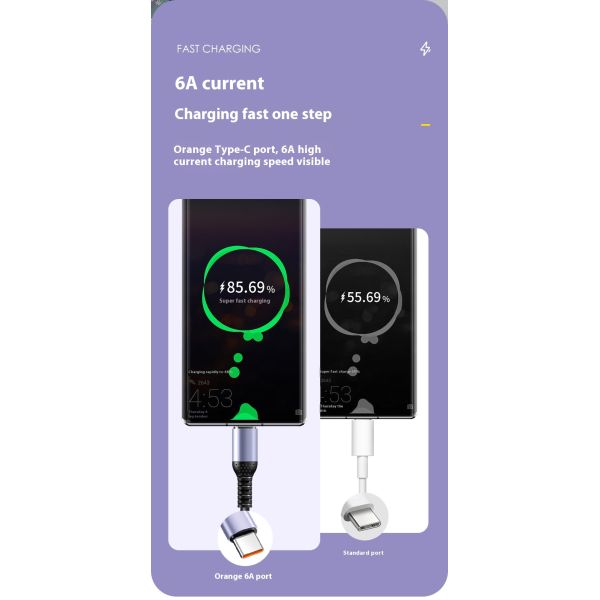 0.3M Black Color 100W Type-C Cable Fast 6A Charging USB-C for Phone Data Transfer