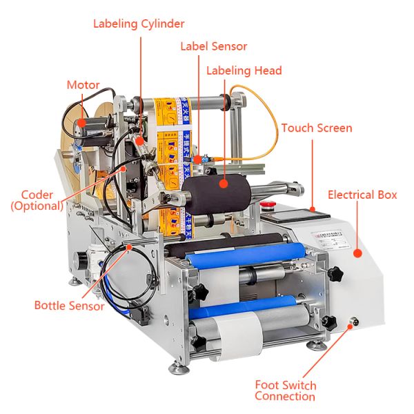 200W Semi Automatic Bottle Labeling Equipment Tabletop Round Bottle Labeler Applicator Machine