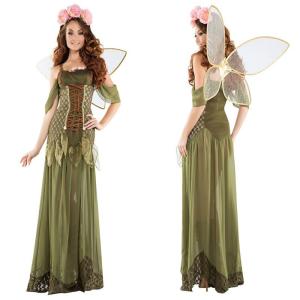 Wholesale Women's Halloween Role-Play Forest Princess Costume Green Off Shoulder Long Dress Sets Style from china suppliers