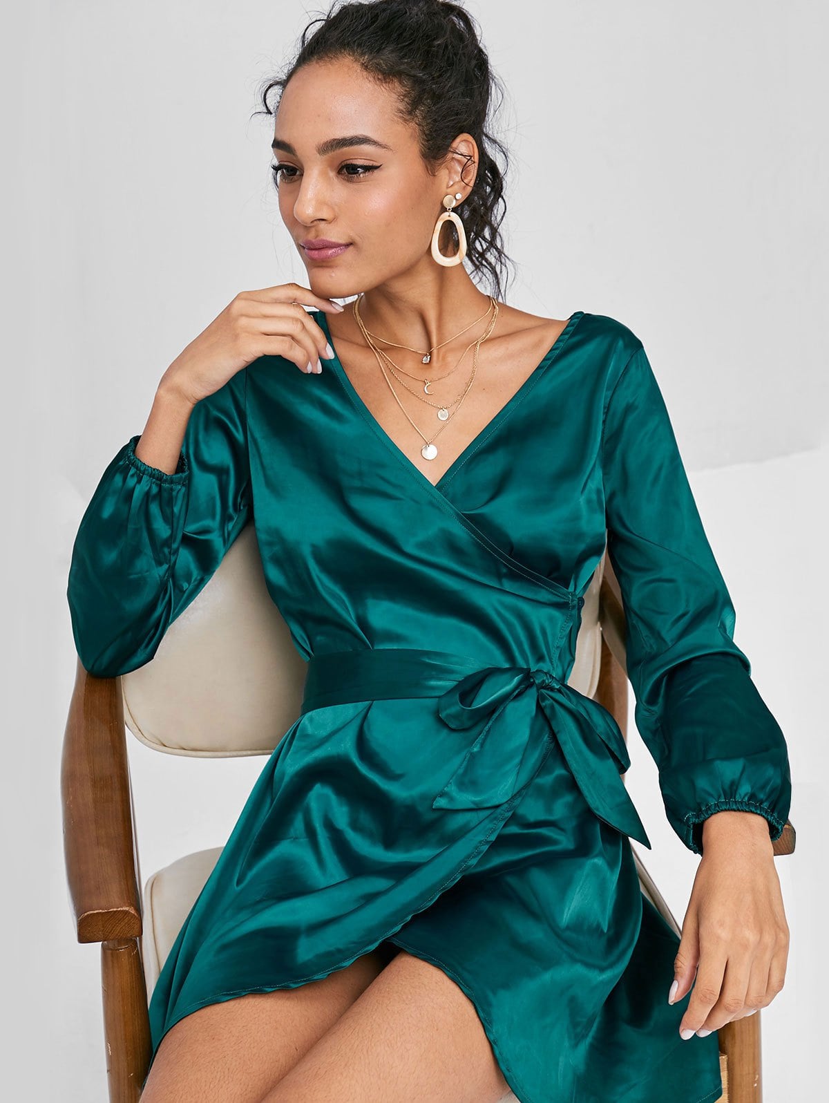 2018 Fashion Fall Clothing Women Satin Wrap Dress Long Sleeve Mini