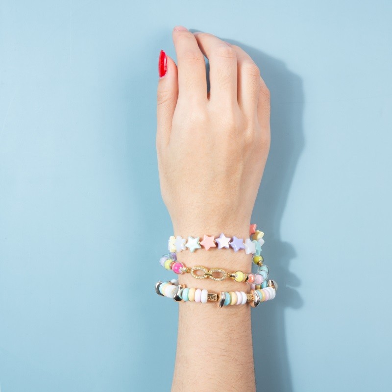Teen Girl Plastic Star Beads Bracelet Rainbow Color With Infinite Metal Charm