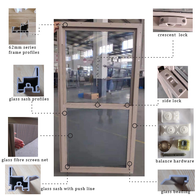 62 Series Small Apricot UPVC Single Hung Window PVC Vinyl Glass Grill