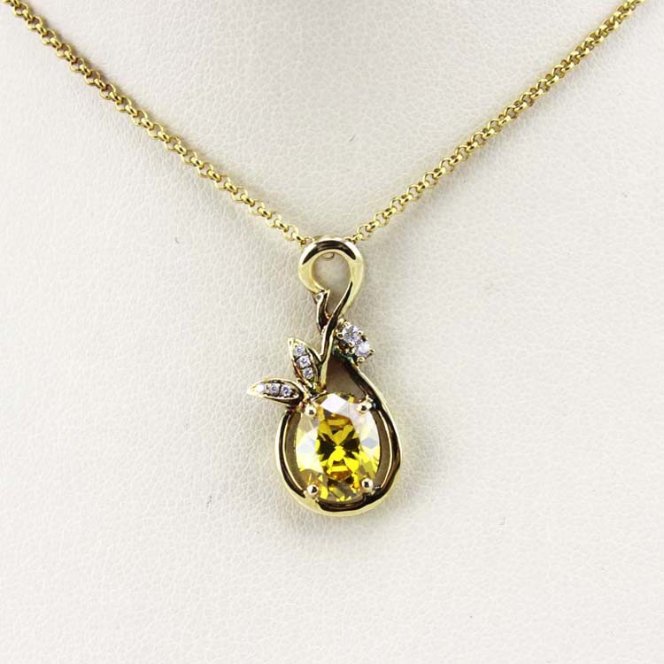 18K Yellow Gold Plated Silver 7mmx9mm Oval Yellow Citrine Cubic Zircon Pendant (PSJ0150)
