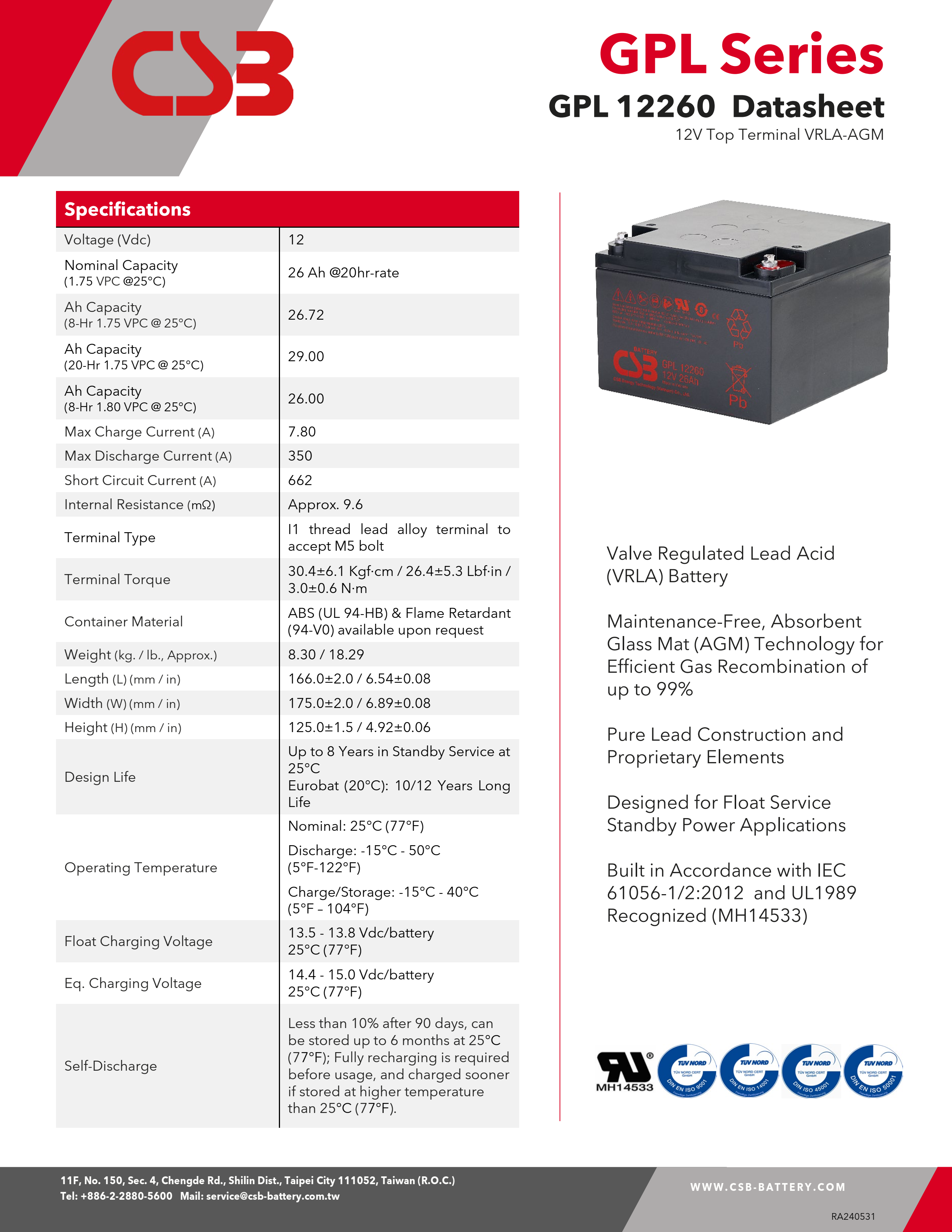 GPL12260 12V 26Ah CSB Battery Long Life Rechargeable Battery
