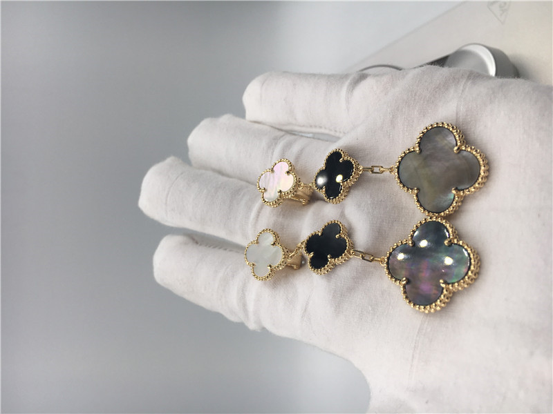 Van Cleef Arpels Magic Alhambra earrings 18k yellow gold with white and gray mother-of-pearl