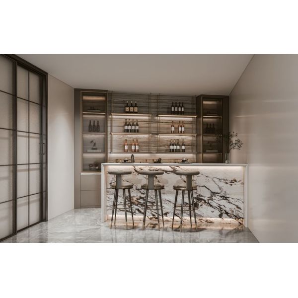 Fadior Wood Grain Stainless Steel Wine Cabinet With High-Low Quartz Design Island