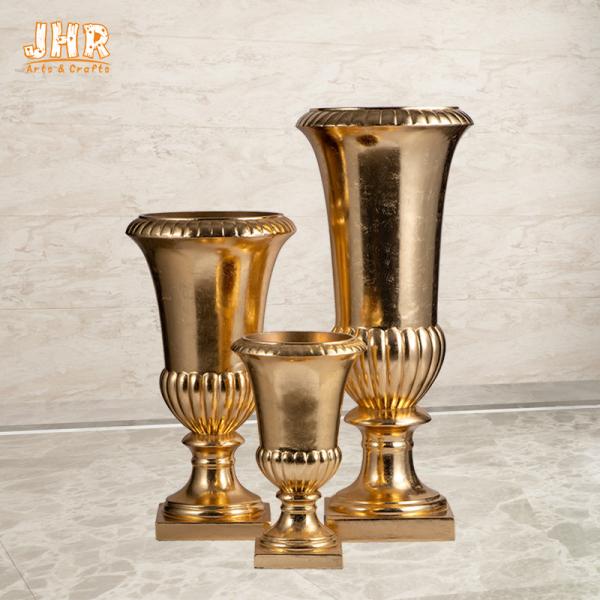 Hand Crafted Flower Pots Fiberglass Planter Shiny Gold Color
