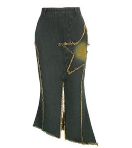 Wholesale Small Moq Clothing Manufacturers Women'S Fishtail Hem Denim Skirt With Star Patch Slit from china suppliers