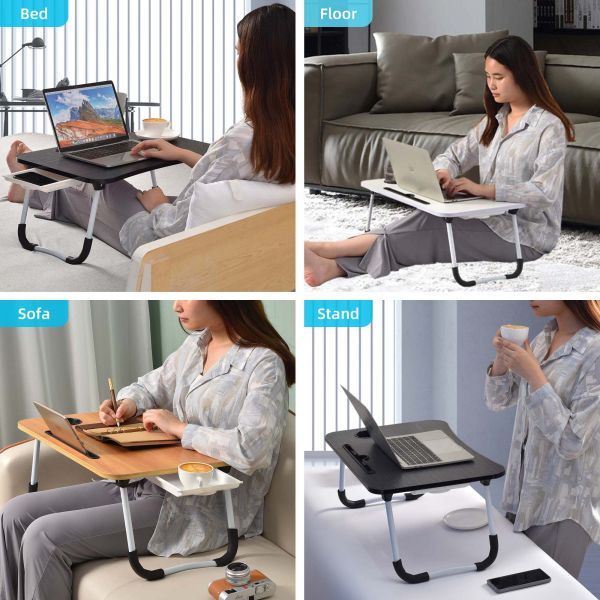 Wooden Laptop Bed Table Desk Tray with Cup Holder Large Portable Foldable Lap Desk